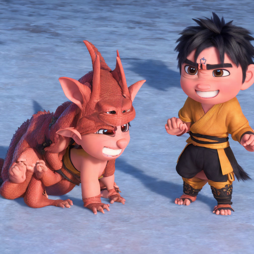 Reddish creature with horns and boy in martial arts stance in snowy setting