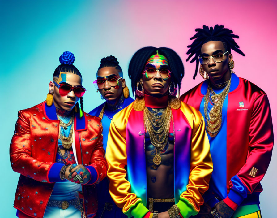 Fashionable individuals in colorful attire against gradient backdrop