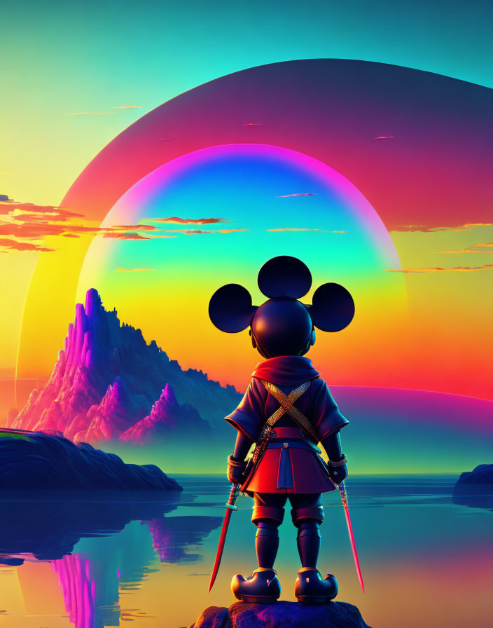 Colorful Cartoon Character in Surreal Landscape with Oversized Planet