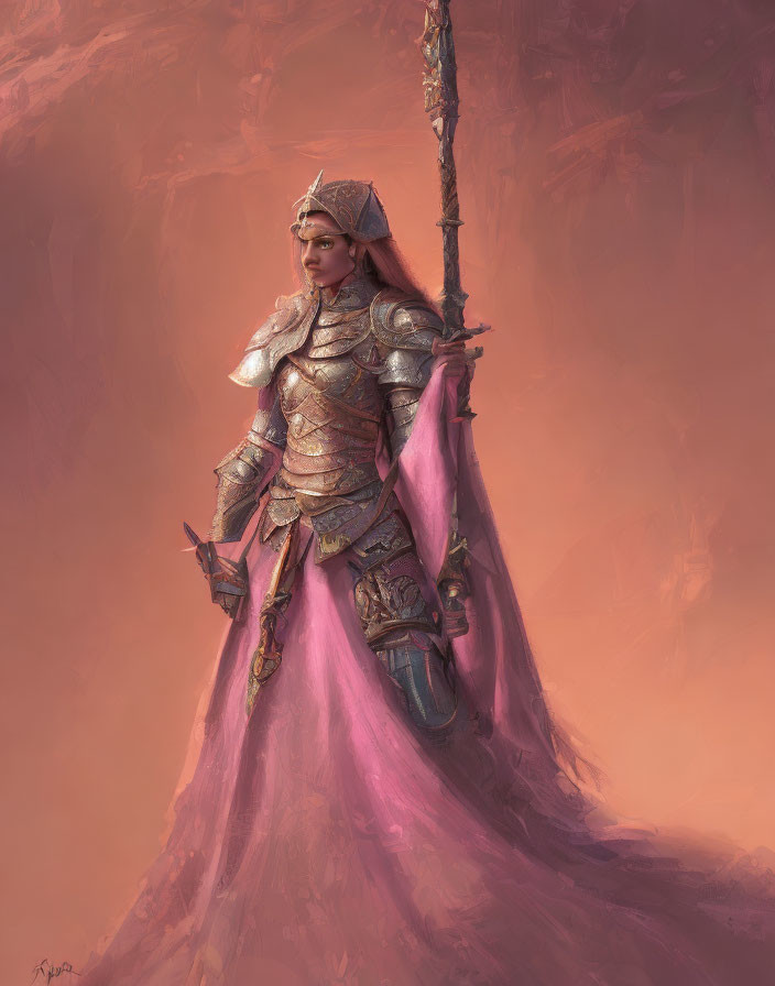 Female warrior in ornate silver armor with spear in pink cape against warm backdrop