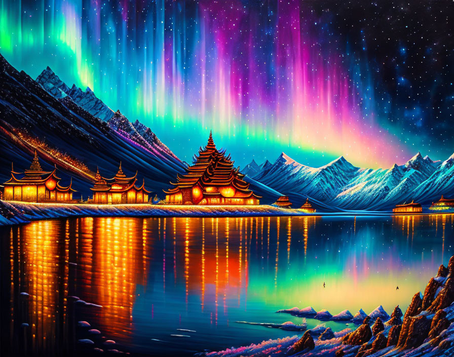 Aurora Borealis Over Asian Pagodas & Mountain Lake