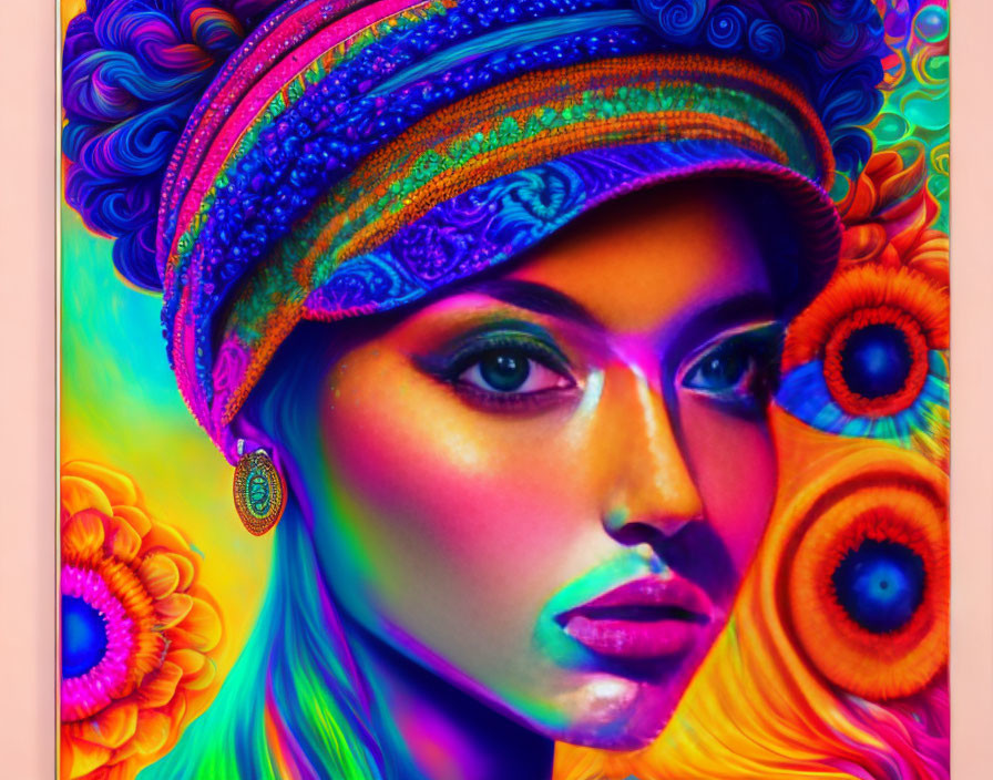 Colorful portrait of a woman with vibrant turban and psychedelic background