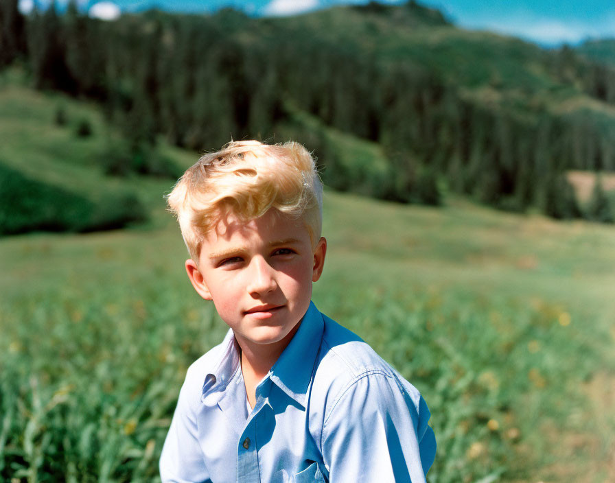 Blonde Young Boy in Blue Shirt with Green Landscape