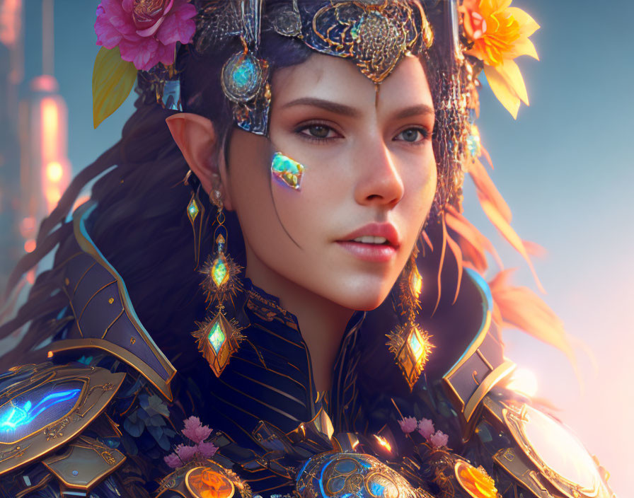 Female elf digital artwork with intricate jewelry and floral armor on soft background