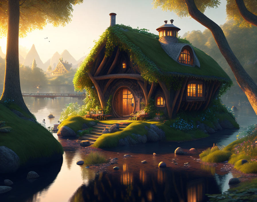 Thatched Roof Cottage in Forest by Calm Lake at Sunrise or Sunset