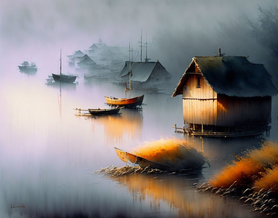 Misty Lake with Boats and Waterside House in Soft Light