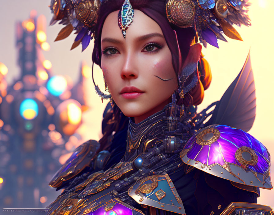 Fantasy armor-clad woman in purple and gold against futuristic backdrop