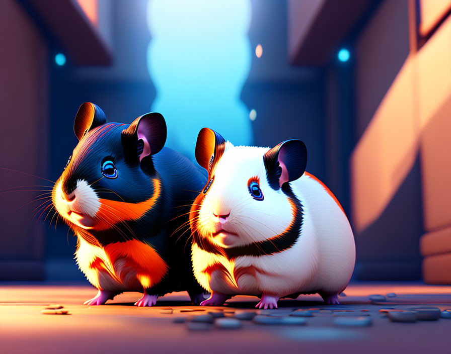 Colorful Cartoon Guinea Pigs in Warm Light on Blue Background