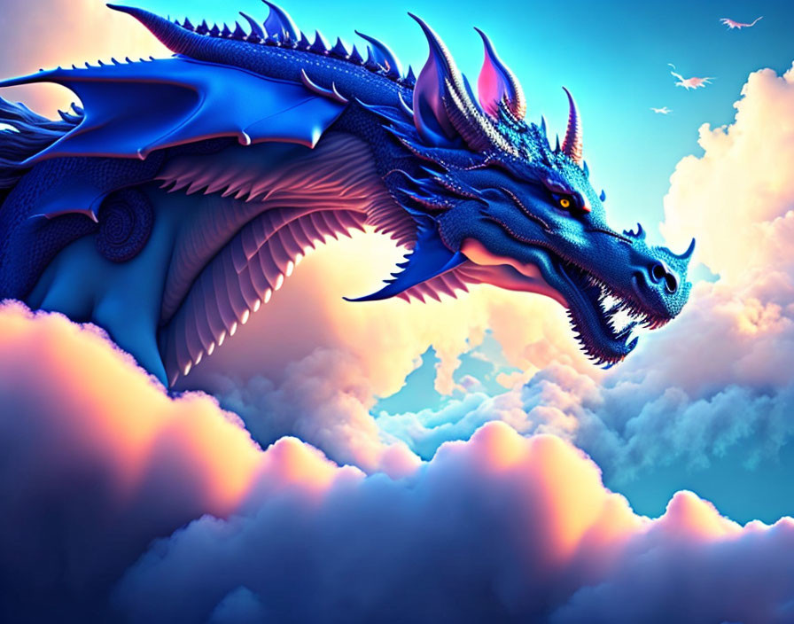 Blue dragon flying above fluffy clouds in vibrant sky with birds.