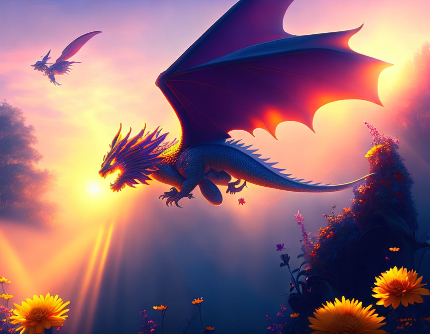 Blue dragon with glowing horns flying over vibrant flower field at sunset