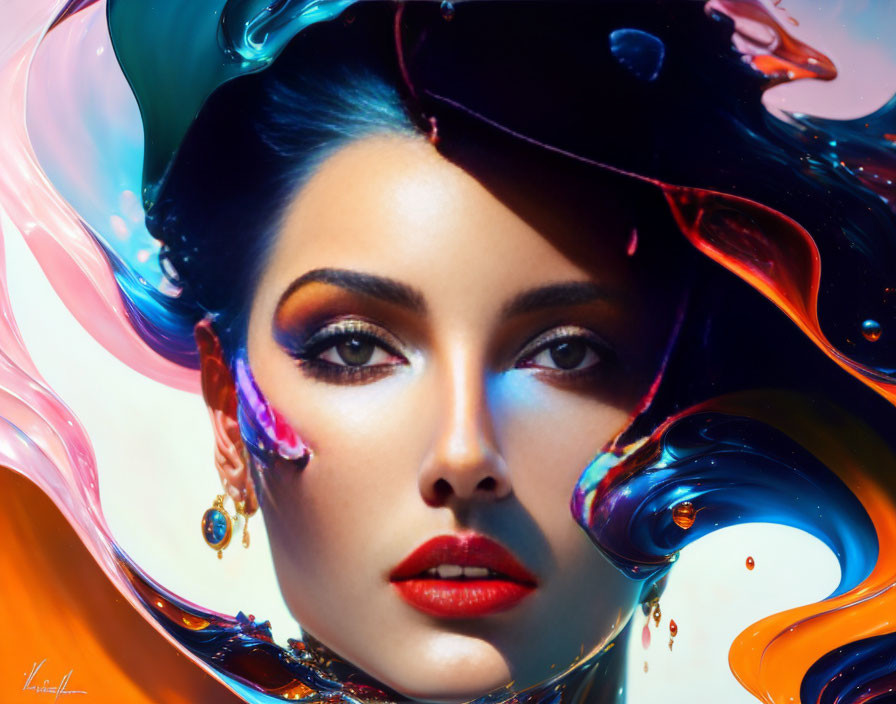 Colorful Swirl of Glossy Makeup Surrounds Woman