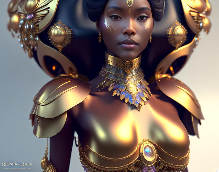 Golden armor-clad woman in regal digital artwork