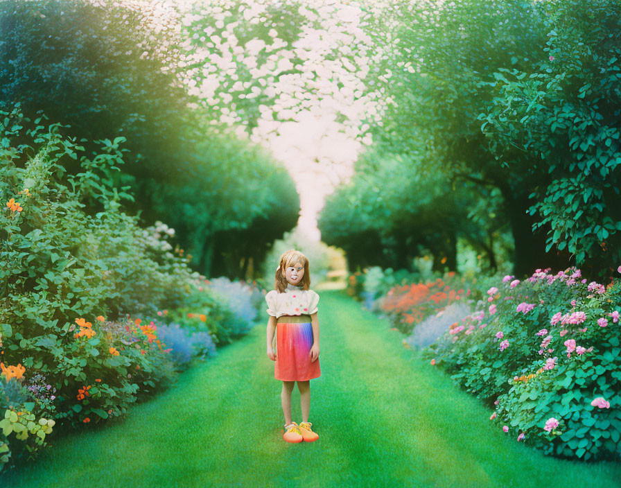 Child in garden surrounded by vibrant flowers and greenery