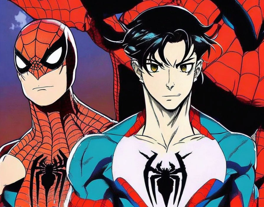 Superhero Spider-Man with male anime character in red & blue outfit