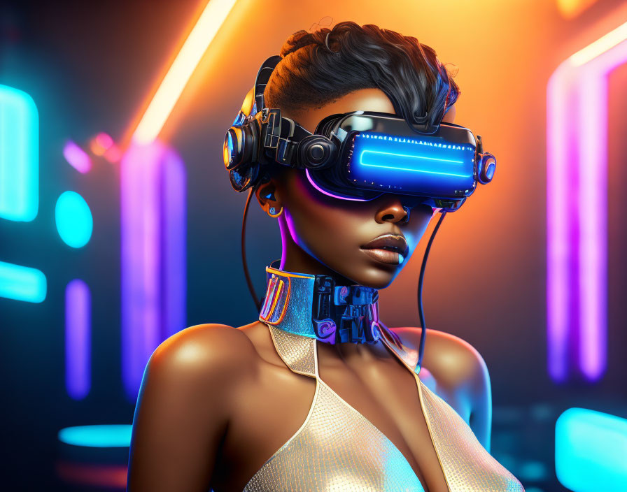 Stylish futuristic woman in VR headset with neon lights