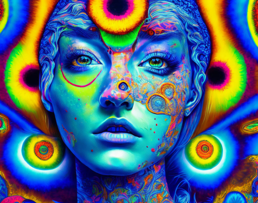 Colorful digital artwork: Woman's face with intricate patterns and multiple eyes