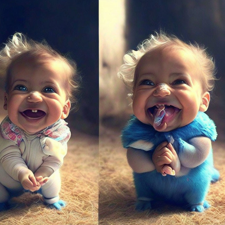 Blonde baby smiling in playful blue creature edit