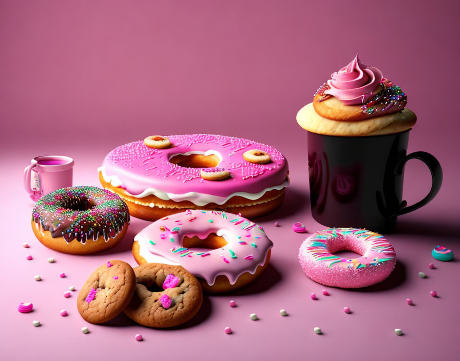 Assorted Colorful Doughnuts, Cookies, Cupcake Mug on Pink Background