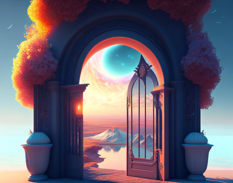 Ornate gate opening to surreal mountain landscape