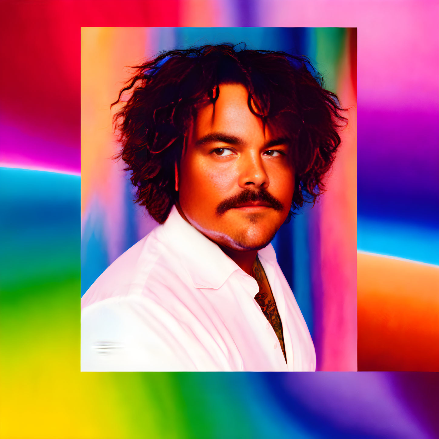 Man with Wavy Hair and Mustache in White Shirt and Tie on Colorful Background