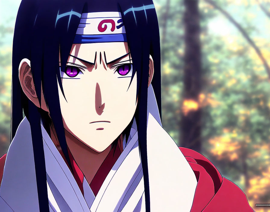 Animated character with purple eyes, long black hair, red and white outfit, and forehead protector.