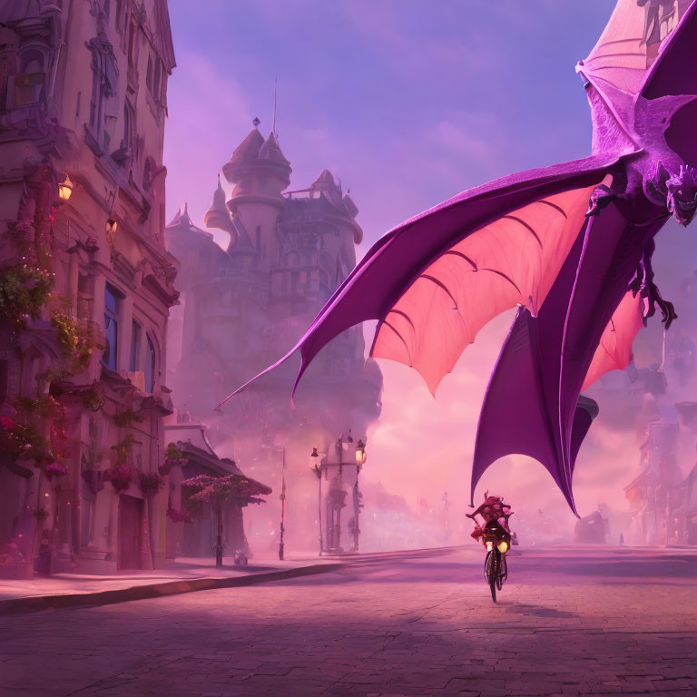 Purple Haze Cityscape with Bicycle Rider and Majestic Dragon