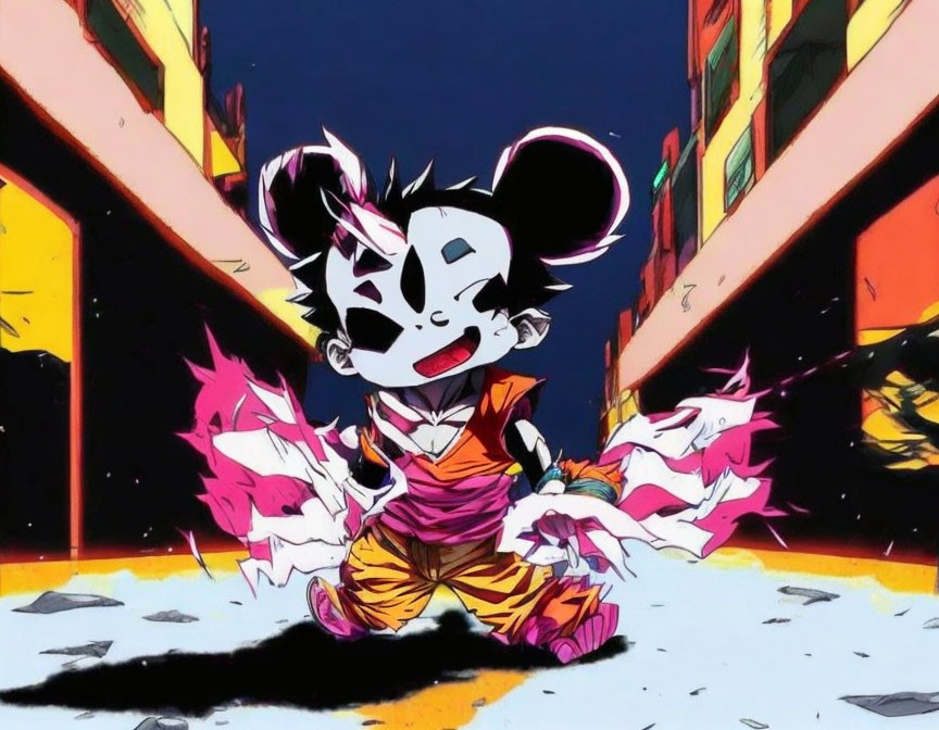 Cartoon mouse in orange martial arts outfit in urban night scene