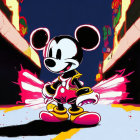 Cartoon mouse in orange martial arts outfit in urban night scene