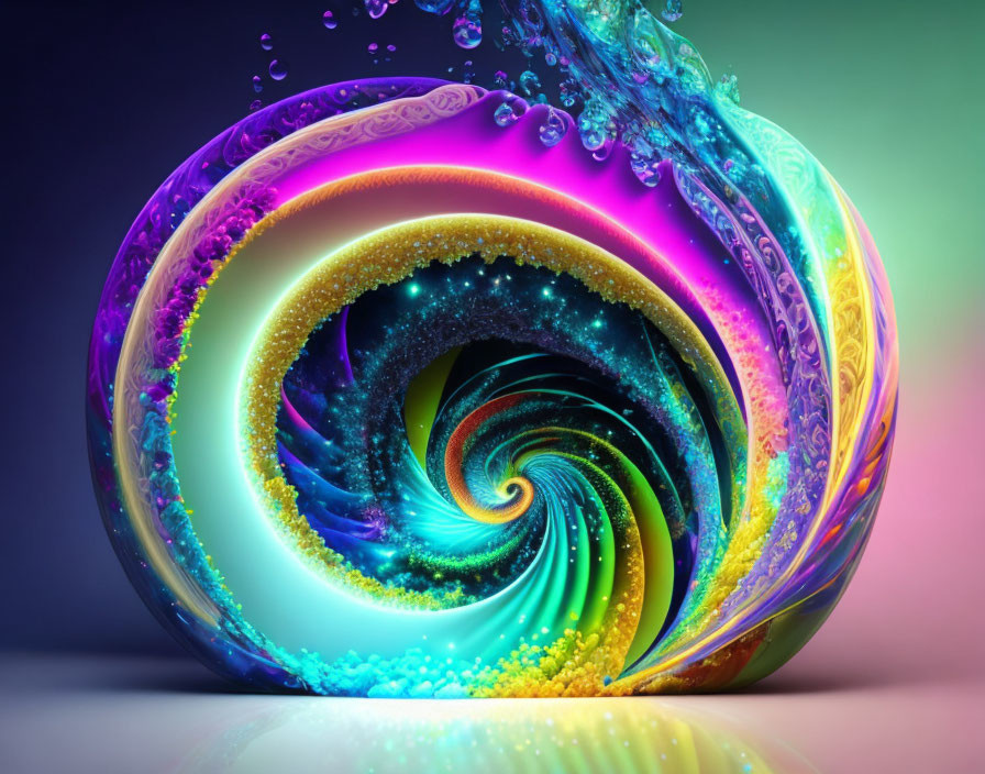 Colorful digital art: Swirling wave with water droplet effects