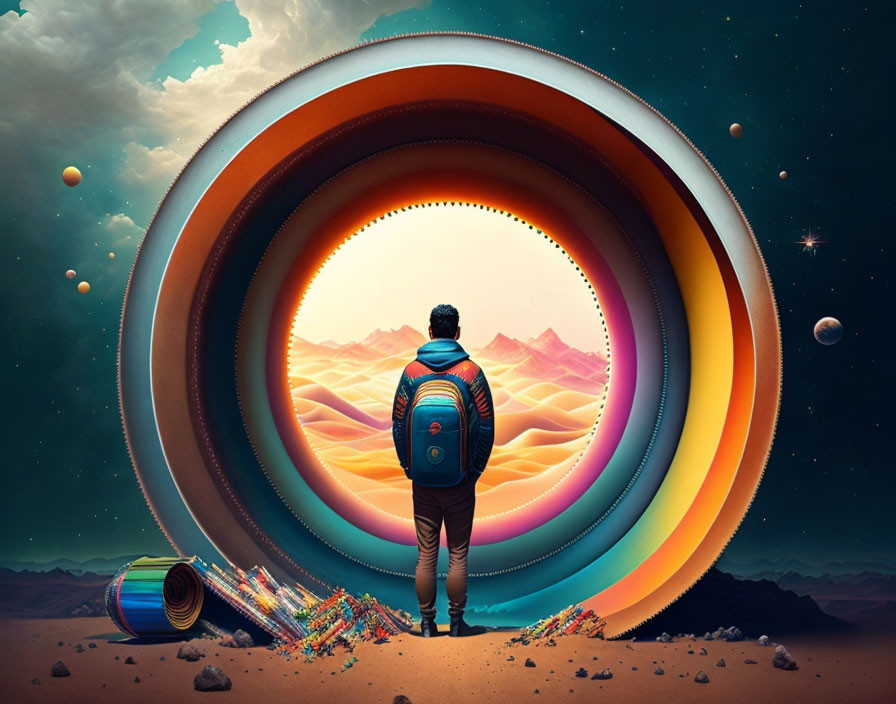 Surreal multi-layered landscape portal with vibrant colors