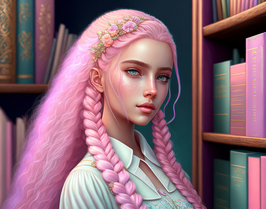 Digital artwork: Young woman with pink braided hair in front of pastel bookshelf