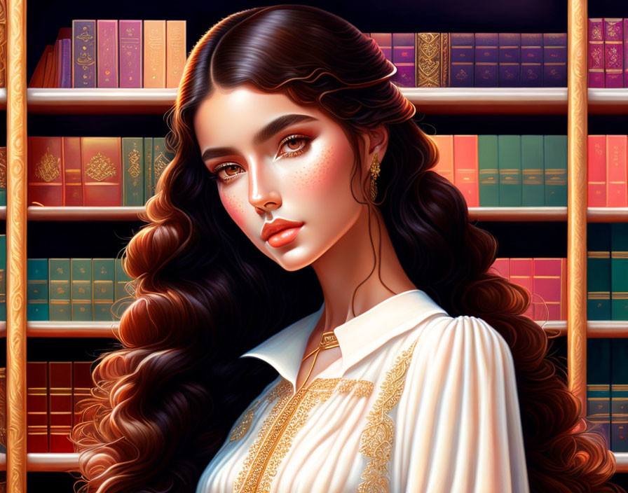 Young woman with long wavy hair and green eyes in digital portrait against colorful bookshelves