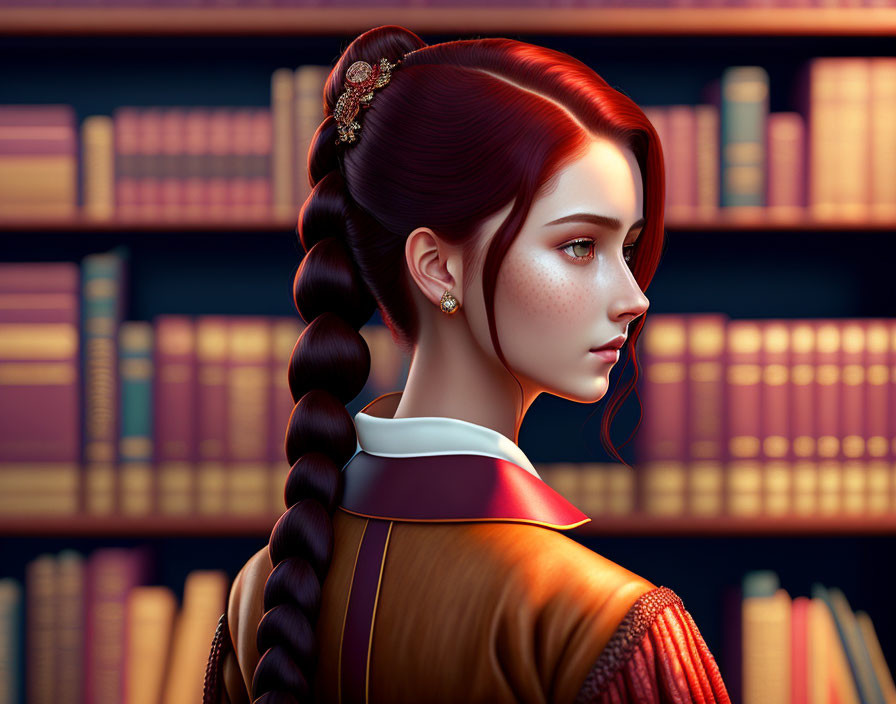 Digital artwork: Woman with braided hair and freckles in red and gold garment by bookshelf