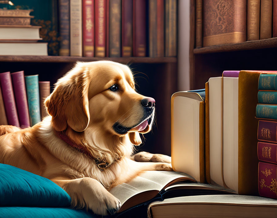 Golden retriever resting near open book on bookshelf backdrop