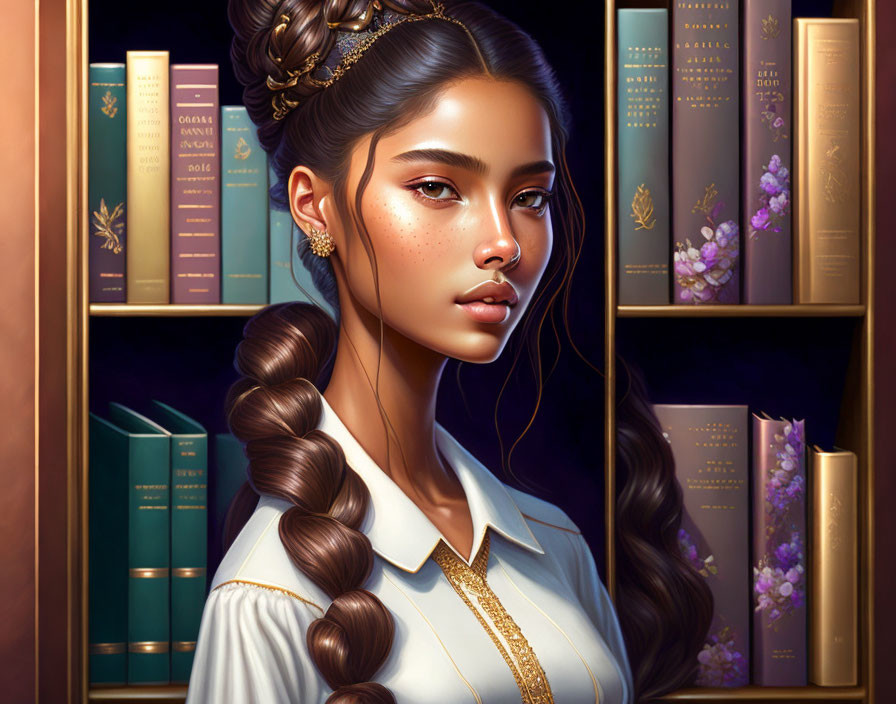 Illustrated woman with braid and golden headpiece in front of ornate bookshelf