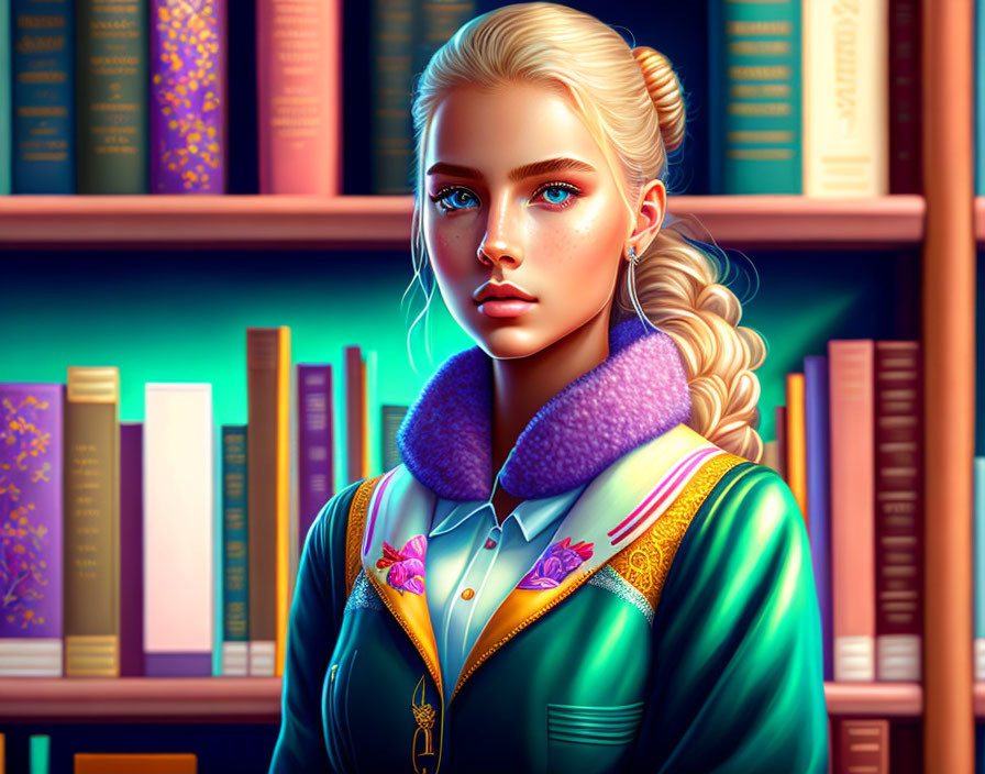 Woman with Braided Ponytail in Colorful Jacket by Bookshelf