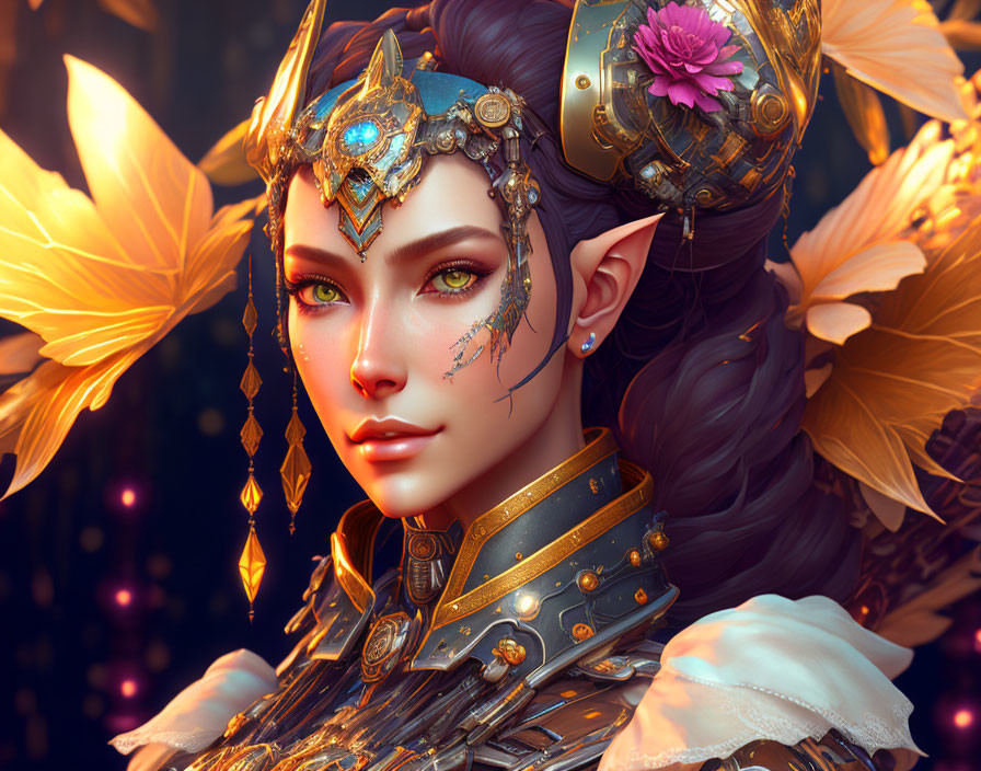 Elf digital artwork: Intricate golden armor and headdress, surrounded by leaves and lights