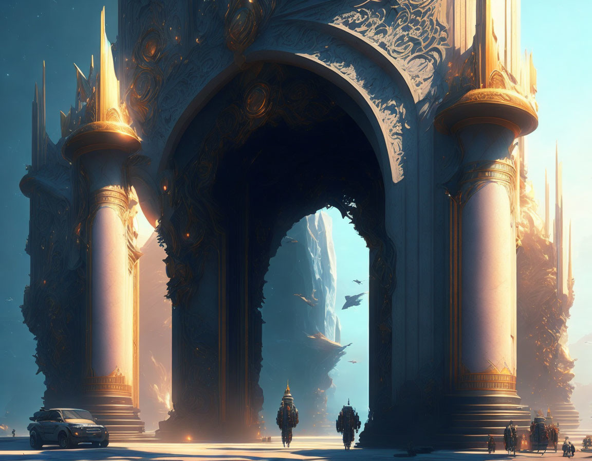 Ornate archway in golden futuristic city with magical-tech blend