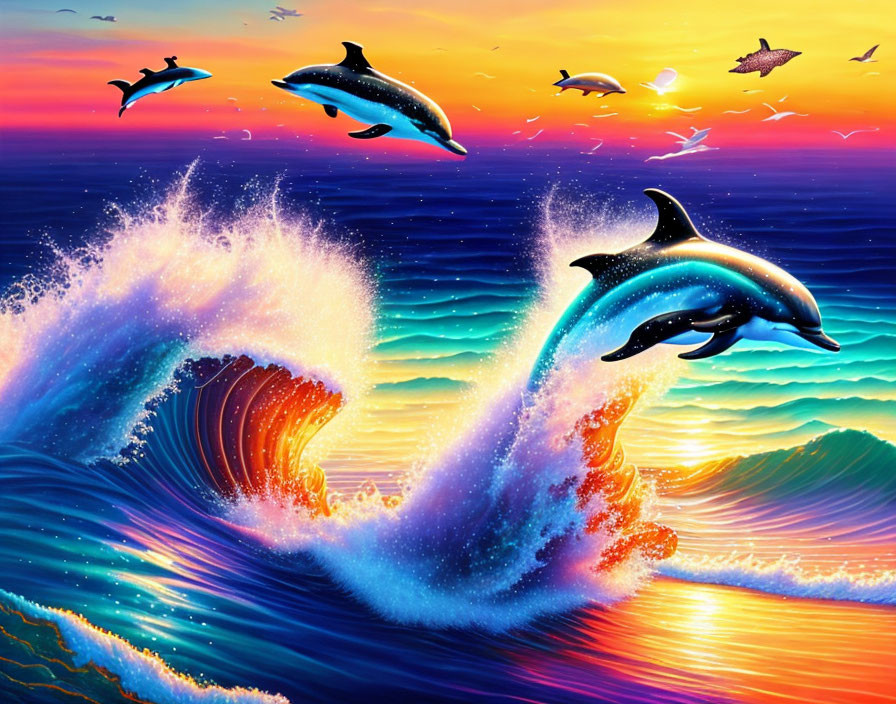 Vibrant Ocean Scene: Dolphins, Waves, Sunset Sky, Seabirds