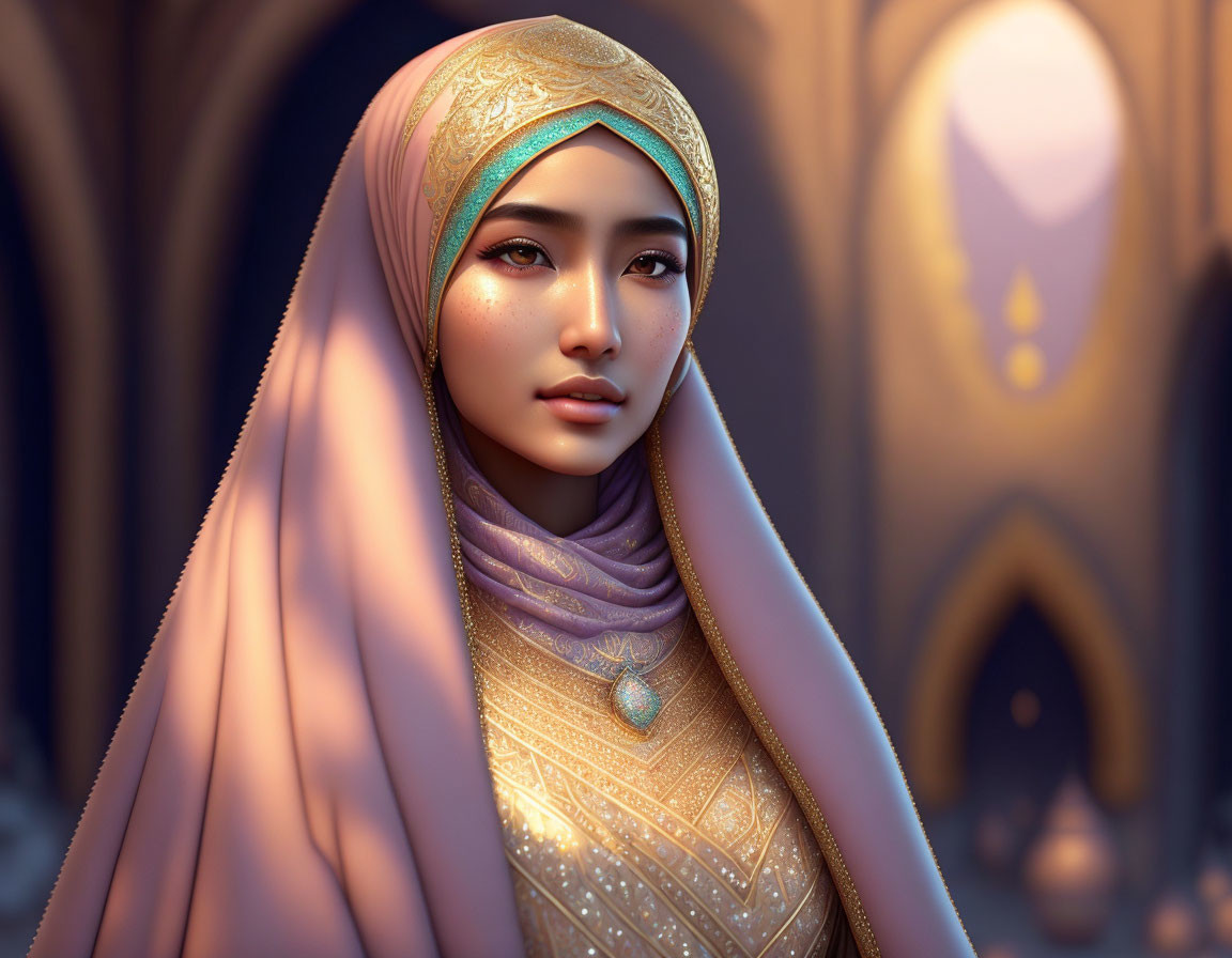 Digital portrait of young woman in ornate hijab against serene, arched background