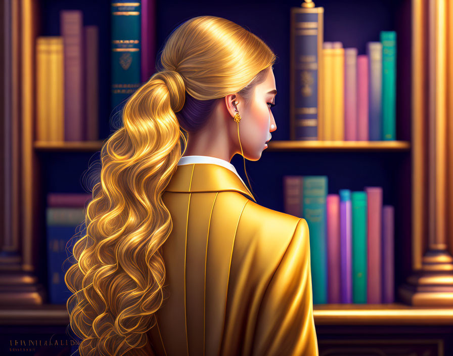 Profile view of woman with long blonde hair in yellow blazer by colorful bookshelf