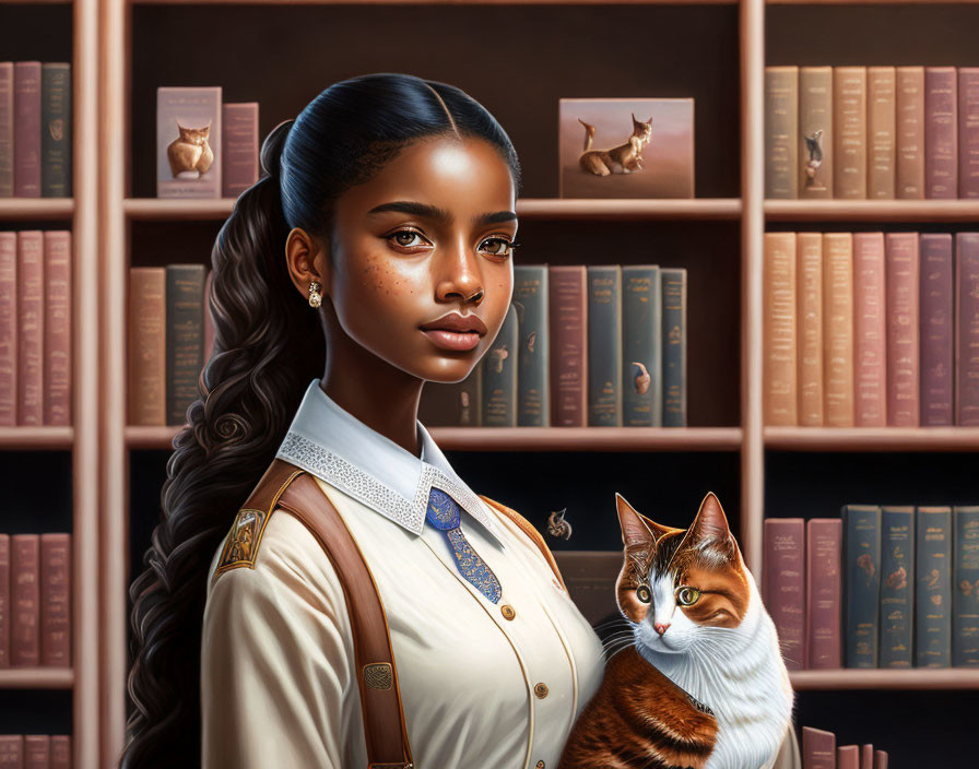 Woman with braid and cat in library surrounded by books and animal figures