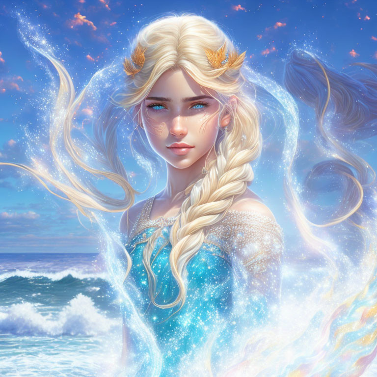 Ethereal woman with flowing hair and oceanic elements by sparkling sea