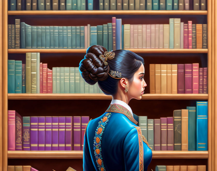 Elaborate bun hairstyle on woman in profile against colorful bookshelves