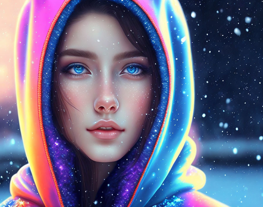 Woman with Blue Eyes in Colorful Hood Amidst Falling Snowflakes