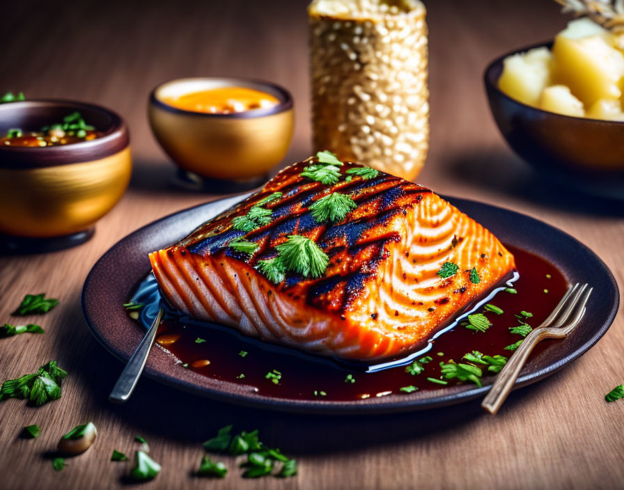 Glazed Grilled Salmon with Parsley and Sauces on Plate