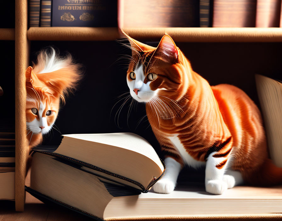 Ginger Cat with White Markings on Wooden Shelf with Book