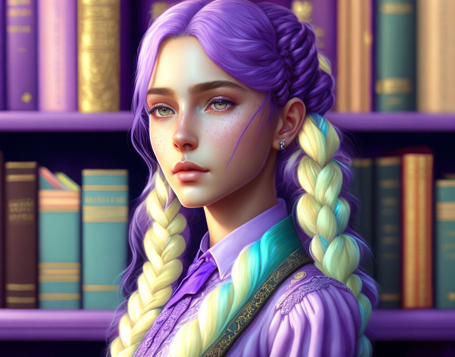 Portrait of a girl with purple braided hair and freckles in front of a bookshelf