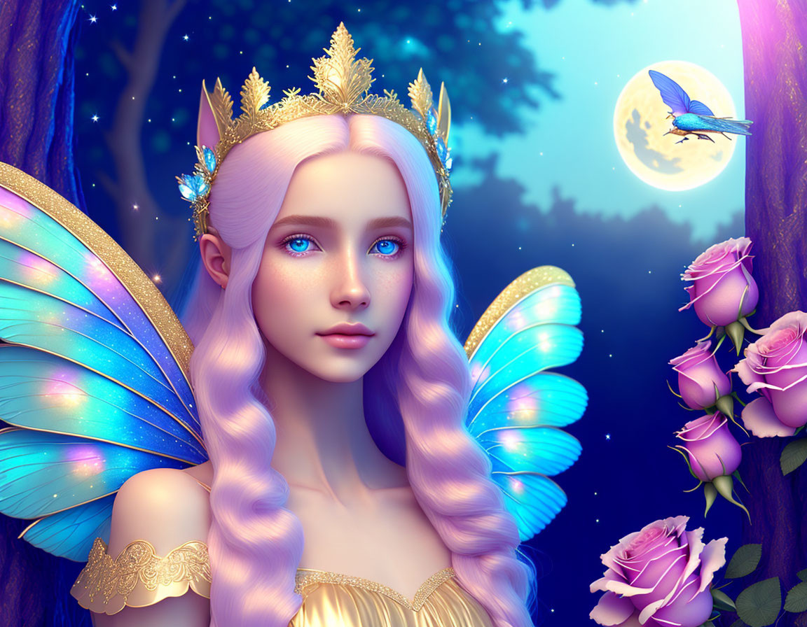 Young woman with butterfly wings, crown, roses, and full moon illustration