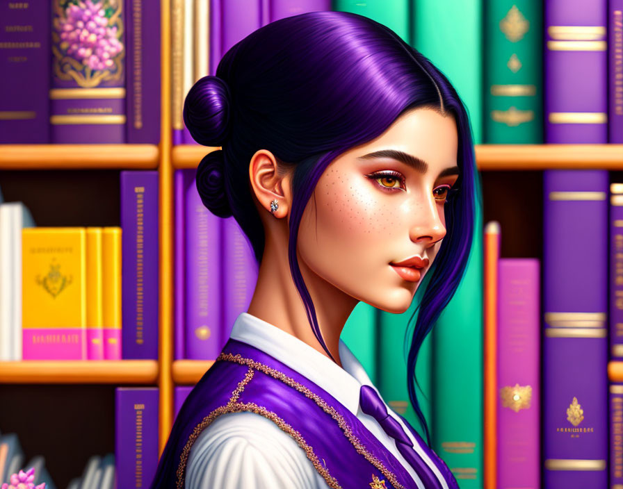 Digital portrait of woman with purple hair and freckles in violet top against colorful bookshelves